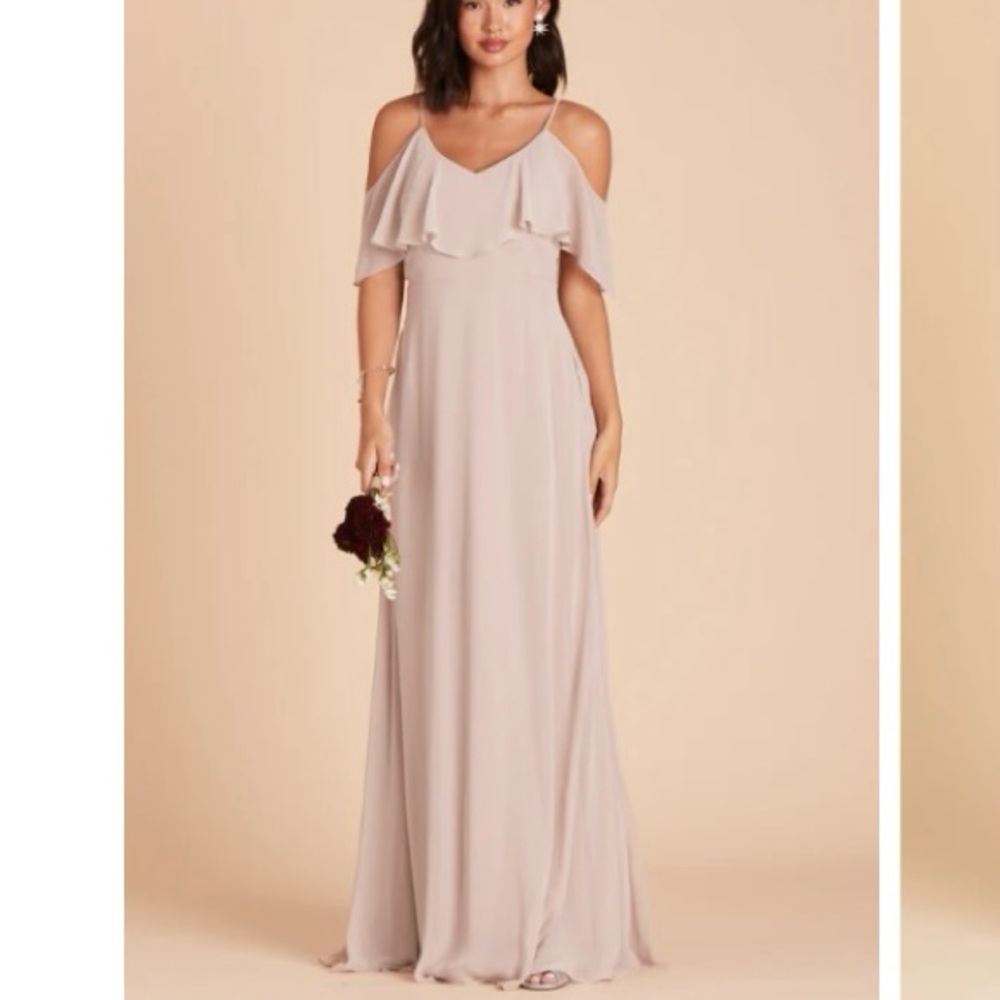 BIRDY GREY JANE RUFFLE NECKLINE CHIFFON TAUPE MAXI DRESS SIZE MEDIUM NWOT